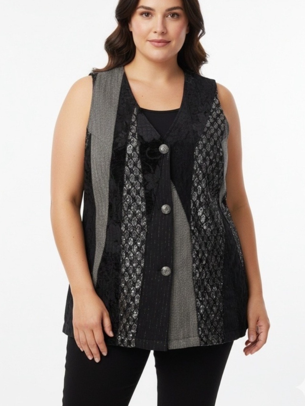 Ulla Popken Metallic Mixed Media Vest Black Silver Plus 20 22 Women’s